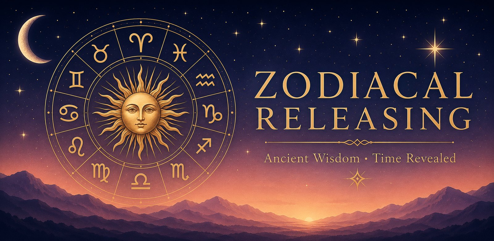 Golden zodiac wheel and sun over a twilight mountain landscape